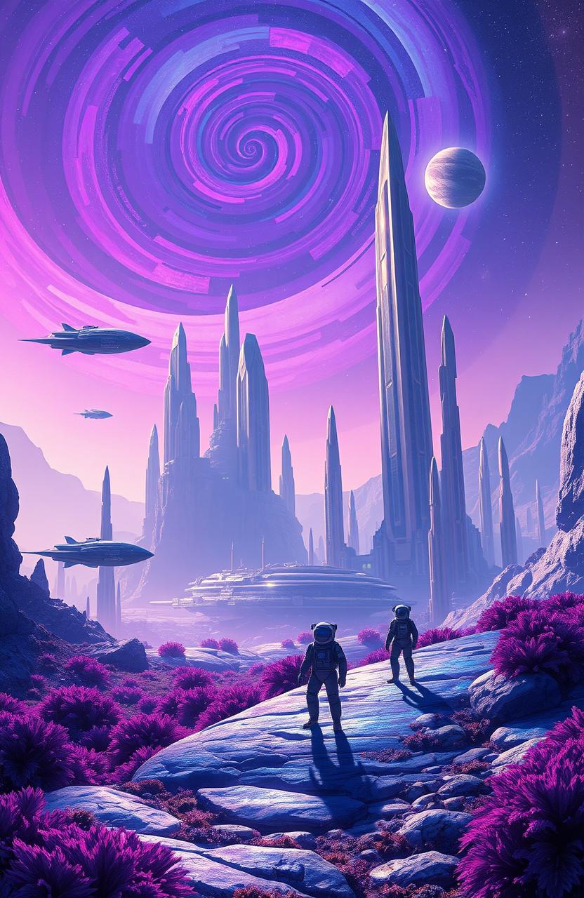 A breathtaking sci-fi landscape featuring towering crystalline structures under a purple and blue swirling nebula