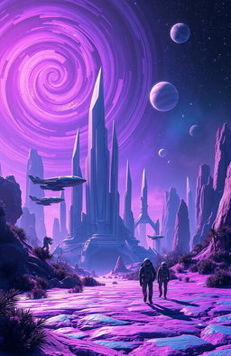 A breathtaking sci-fi landscape featuring towering crystalline structures under a purple and blue swirling nebula