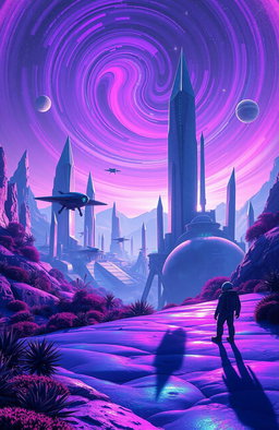 A breathtaking sci-fi landscape featuring towering crystalline structures under a purple and blue swirling nebula