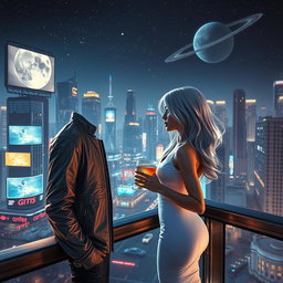 A captivating sci-fi romance scene set in a futuristic city under a starry sky