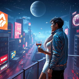 A captivating sci-fi romance scene set in a futuristic city under a starry sky