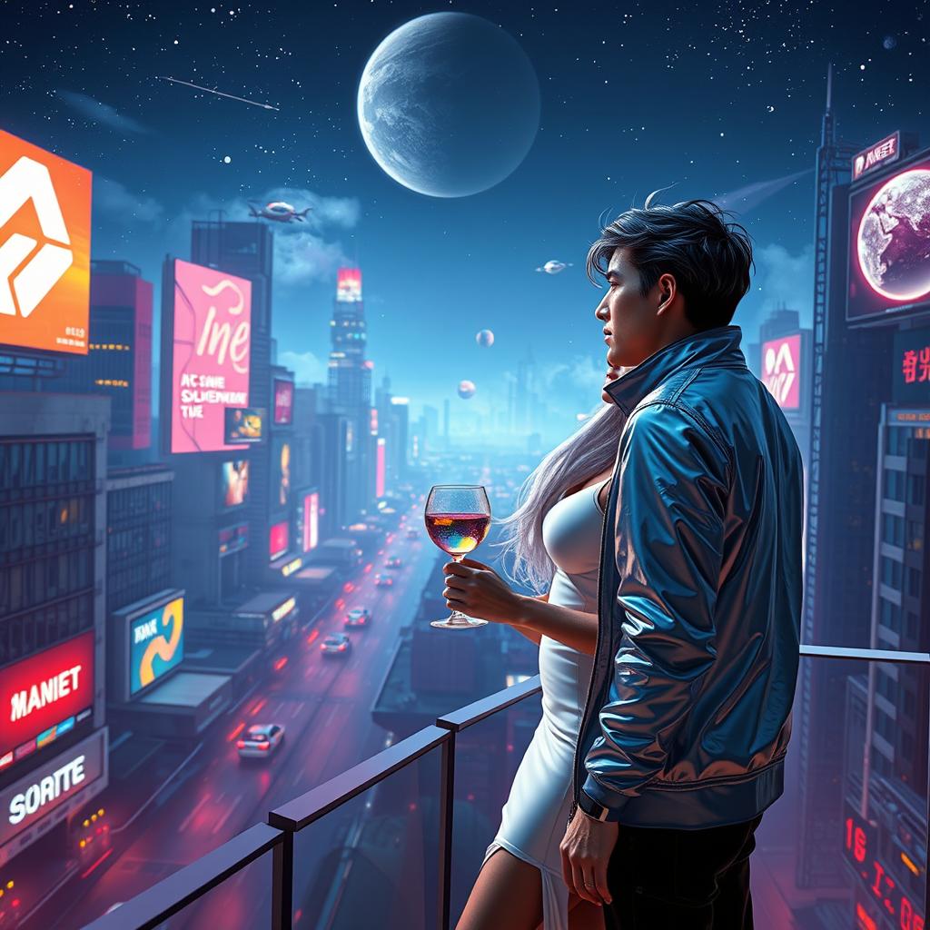 A captivating sci-fi romance scene set in a futuristic city under a starry sky
