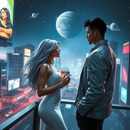 A captivating sci-fi romance scene set in a futuristic city under a starry sky
