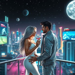 A captivating sci-fi romance scene set in a futuristic city under a starry sky