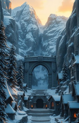 A breathtaking snowcapped mountain with majestic stone gates leading into a dwarven city intricately carved into the mountainside