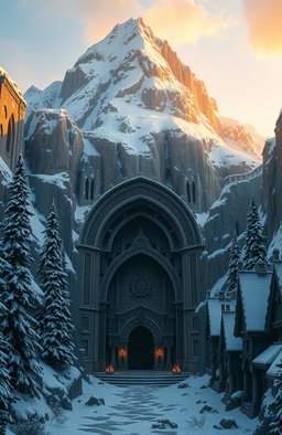 A breathtaking snowcapped mountain with majestic stone gates leading into a dwarven city intricately carved into the mountainside