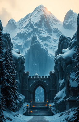 A breathtaking snowcapped mountain with majestic stone gates leading into a dwarven city intricately carved into the mountainside
