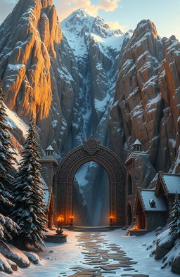 A breathtaking snowcapped mountain with majestic stone gates leading into a dwarven city intricately carved into the mountainside