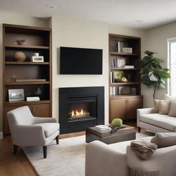 A contemporary living room with a cozy fireplace, and a compact TV dresser with drawers integrated into the layout.