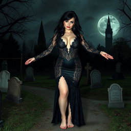 A beautiful, stunning, sexy, innocent 18-year-old girl with medium breasts and very wide, bulging hips stands in an old haunted cemetery at midnight
