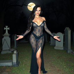 A beautiful, stunning, sexy, innocent 18-year-old girl with medium breasts and very wide, bulging hips stands in an old haunted cemetery at midnight