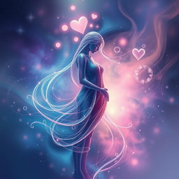 An abstract representation of sci-fi romance, featuring swirling colors and shapes that convey a sense of connection and love between two ethereal figures
