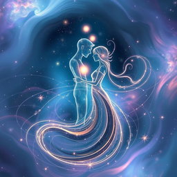 An abstract representation of sci-fi romance, featuring swirling colors and shapes that convey a sense of connection and love between two ethereal figures