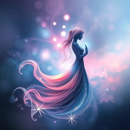 An abstract representation of sci-fi romance, featuring swirling colors and shapes that convey a sense of connection and love between two ethereal figures