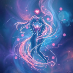 An abstract representation of sci-fi romance, featuring swirling colors and shapes that convey a sense of connection and love between two ethereal figures