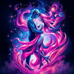 An abstract representation of sci-fi romance featuring a male and female figure intertwined in a dance of vibrant colors and dynamic shapes