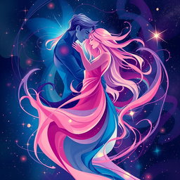 An abstract representation of sci-fi romance featuring a male and female figure intertwined in a dance of vibrant colors and dynamic shapes