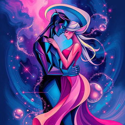 An abstract representation of sci-fi romance featuring a male and female figure intertwined in a dance of vibrant colors and dynamic shapes