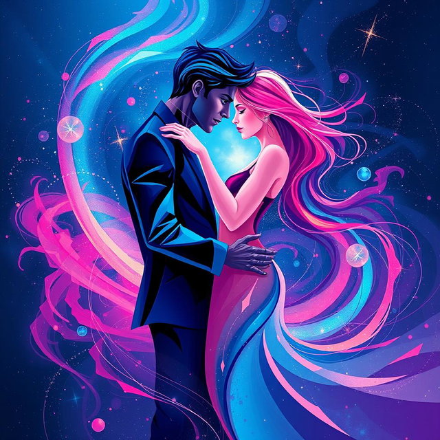 An abstract representation of sci-fi romance featuring a male and female figure intertwined in a dance of vibrant colors and dynamic shapes
