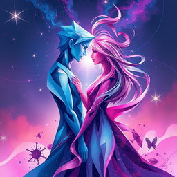 An abstract representation of sci-fi romance featuring male and female figures, characterized by flowing lines and intermingling colors