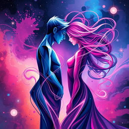 An abstract representation of sci-fi romance featuring male and female figures, characterized by flowing lines and intermingling colors