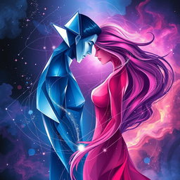 An abstract representation of sci-fi romance featuring male and female figures, characterized by flowing lines and intermingling colors
