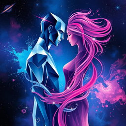 An abstract representation of sci-fi romance featuring male and female figures, characterized by flowing lines and intermingling colors