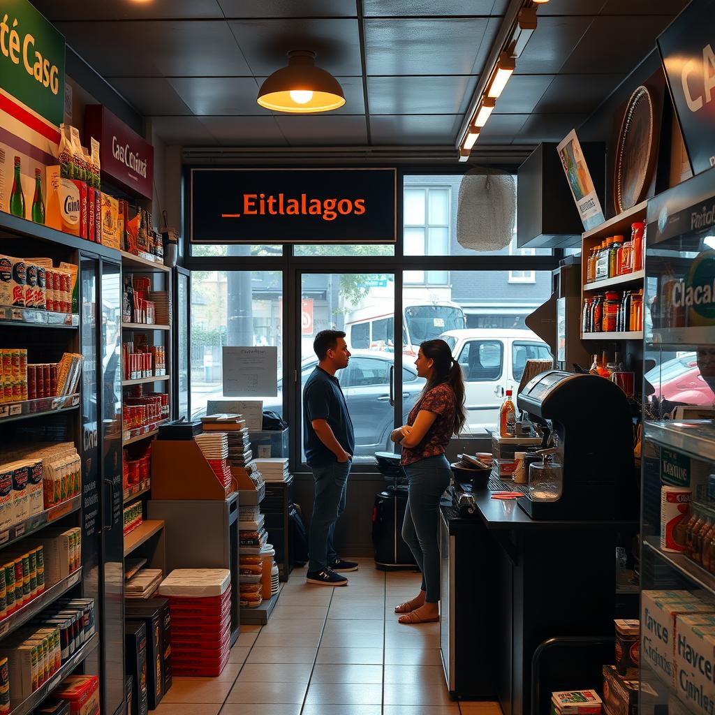 A vibrant convenience store scene titled 'Café, Cigarros e Confissões'