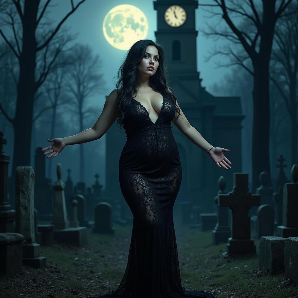 A mysterious woman stands in an old graveyard under a full moon, her arms outstretched as if welcoming you