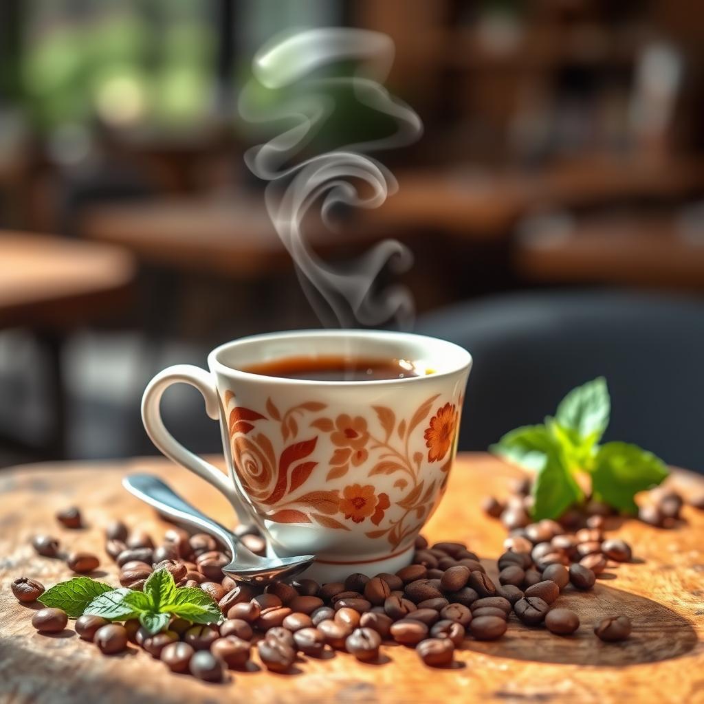 A beautifully arranged coffee cup on a rustic wooden table, surrounded by coffee beans and sprigs of mint