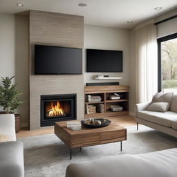 A contemporary living room with a cozy fireplace, and a compact TV dresser with drawers integrated into the layout.