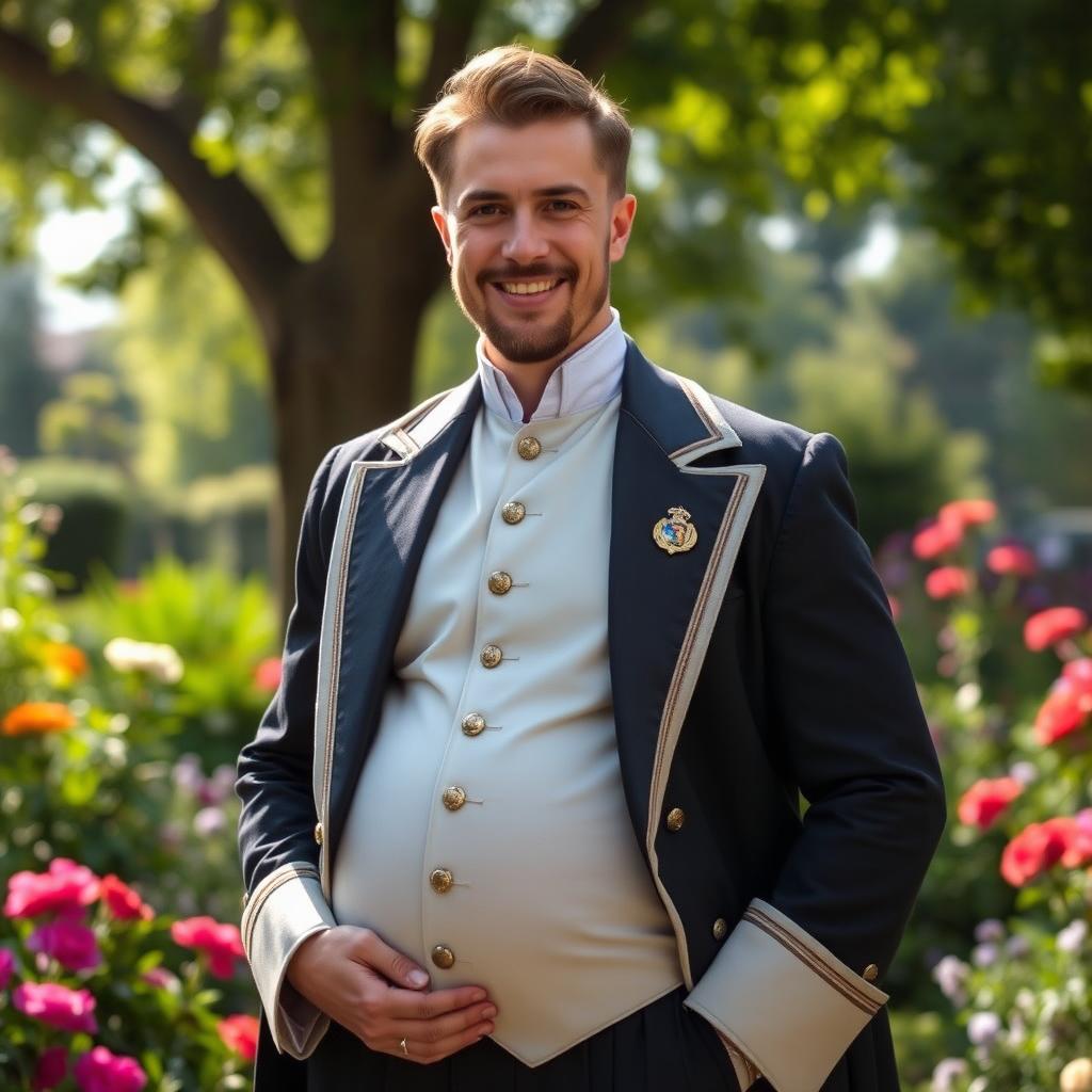 A striking portrait of Prince Henry Fox from the novel 'Red, White & Royal Blue' depicted as heavily pregnant