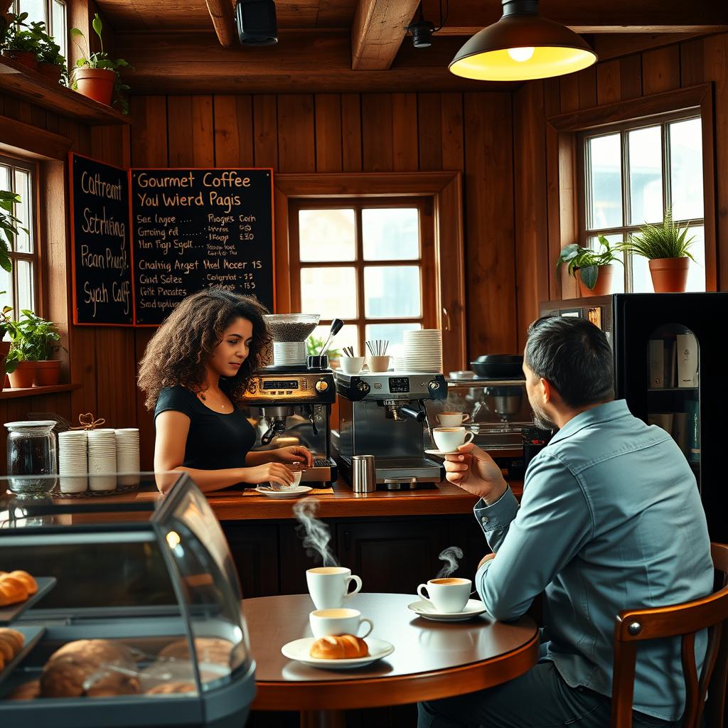 A cozy café scene, featuring a rustic wooden interior with warm lighting, potted plants on the window sills, and a chalkboard menu showcasing various gourmet coffee options