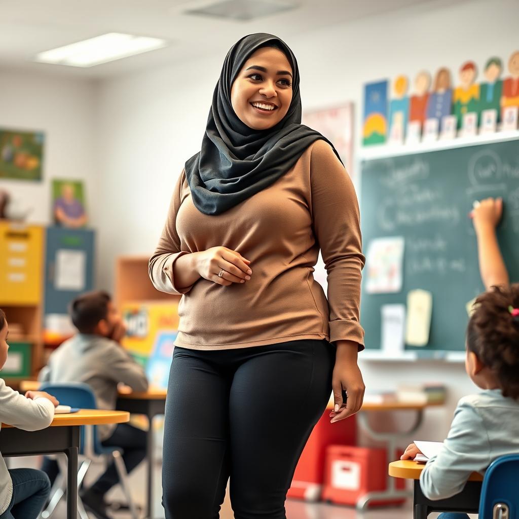 A confident hijab-wearing teacher with a curvaceous figure, showcasing her characteristics through stylish leggings