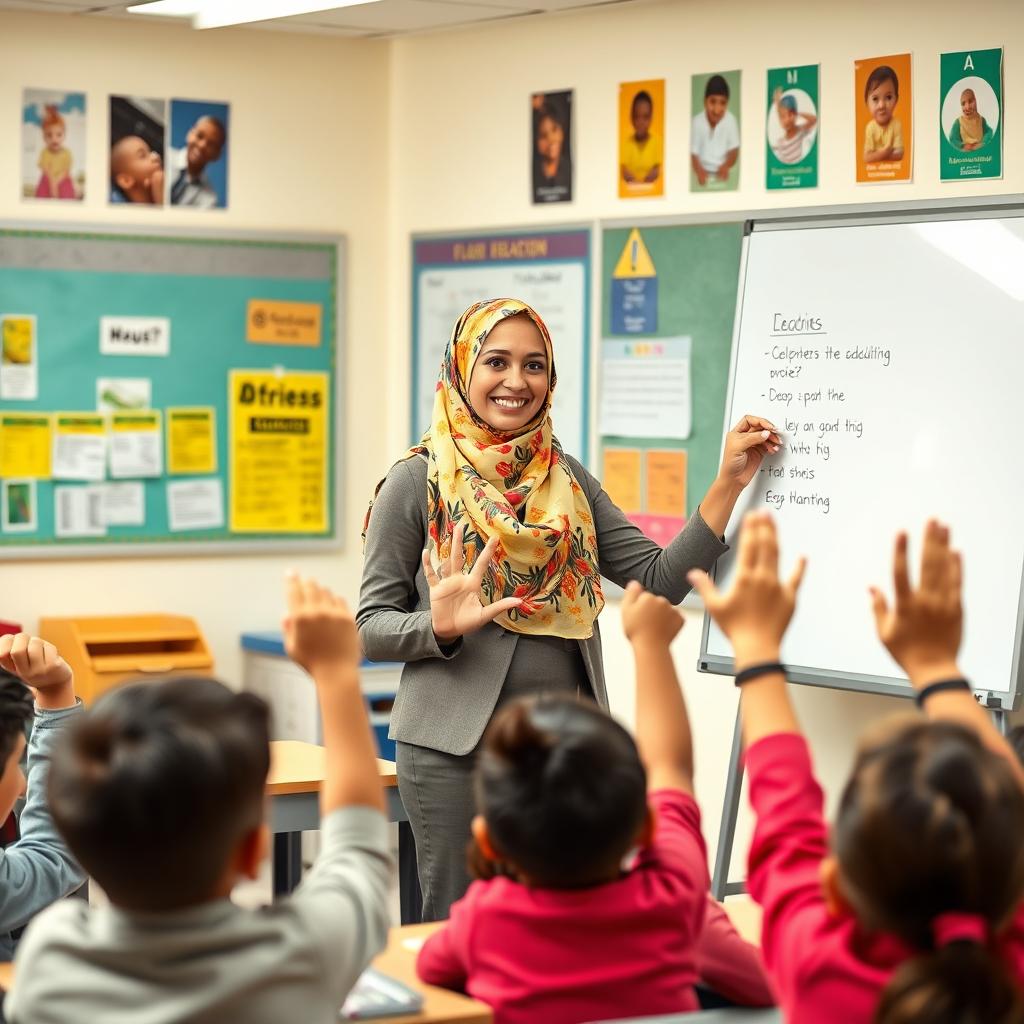 A young and confident female teacher wearing a colorful hijab, standing in front of a classroom filled with eager students