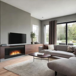 A contemporary living room with a cozy fireplace, and a compact TV dresser with drawers integrated into the layout.