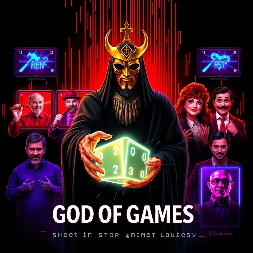 In the center, the God of Games wears a golden mask and a flowing black cloak