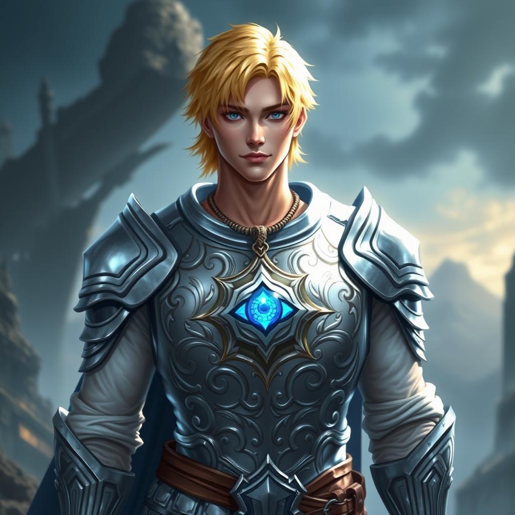 A male paladin character in an intricate silver breastplate, shining with a brilliant luster