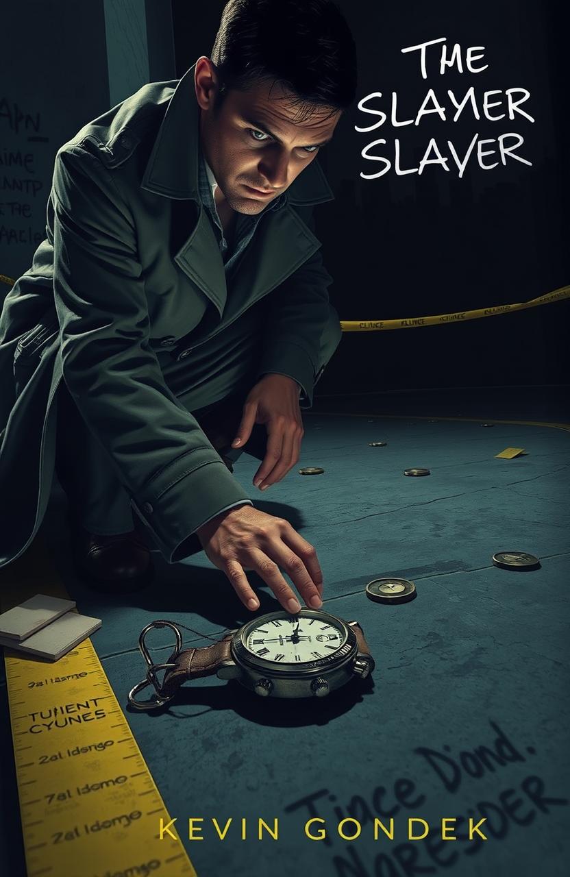 A detective in a trench coat kneeling at a dimly lit crime scene, carefully picking up a vintage watch lying on the ground