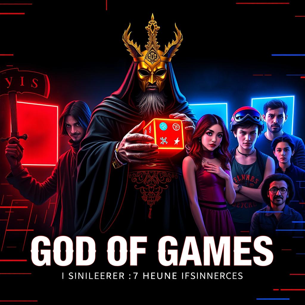 In the center, the God of Games wears a golden mask and a flowing black cloak