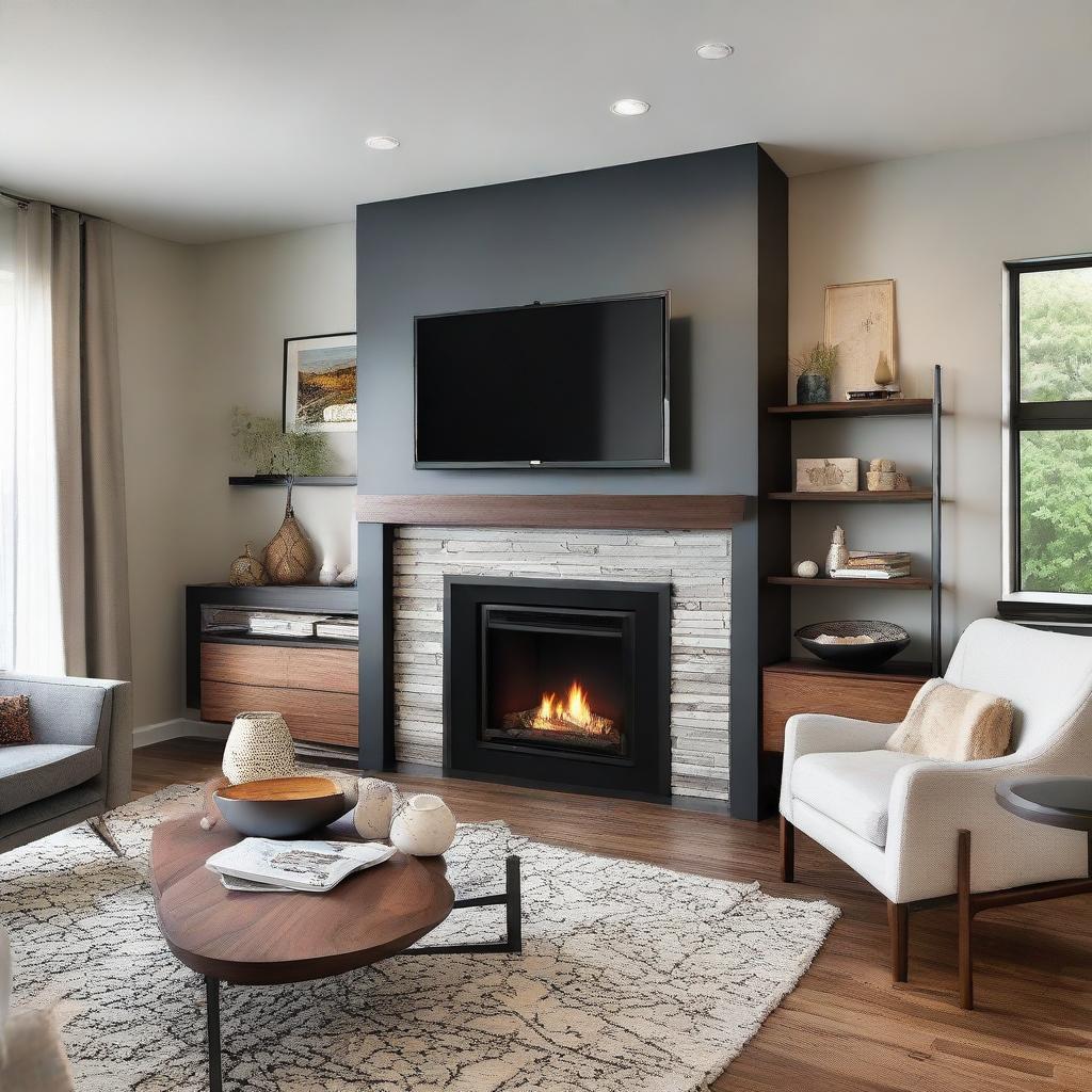 A contemporary living room with a cozy fireplace, and a compact TV dresser with drawers integrated into the layout.