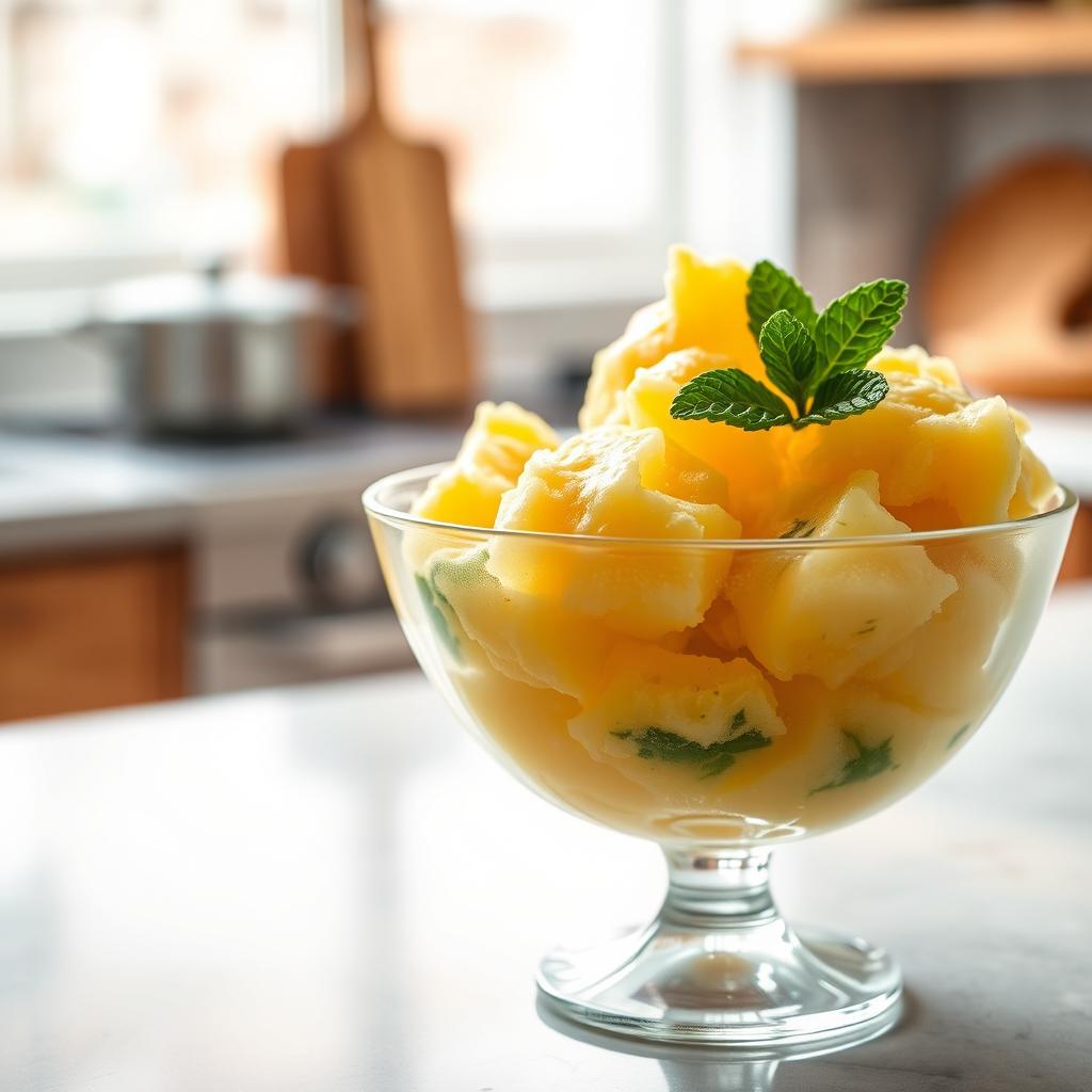 A creative depiction of a unique dessert: a vibrant sorbet made with extra old and distinctly smelly cheese that has surpassed its expiration date