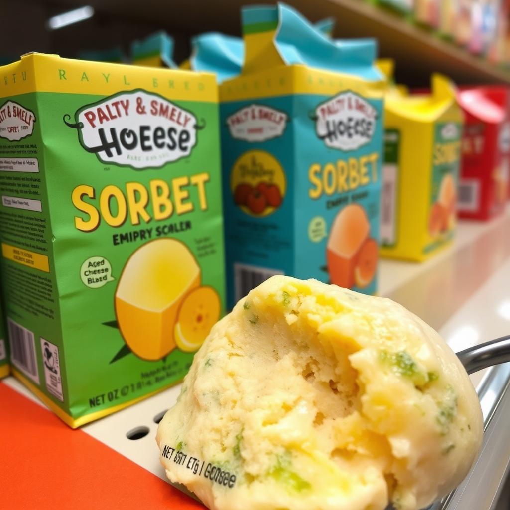 A vivid image of an unconventional sorbet made with extra old and notably smelly cheese that is past its expiration date, displayed in its original grocery packaging
