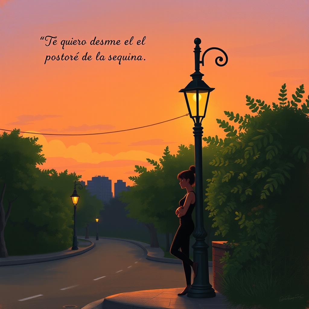 An artistic representation of a poetic scene inspired by the poem 'Te quiero desde el poste de la esquina' by Renata Rojas Herrera