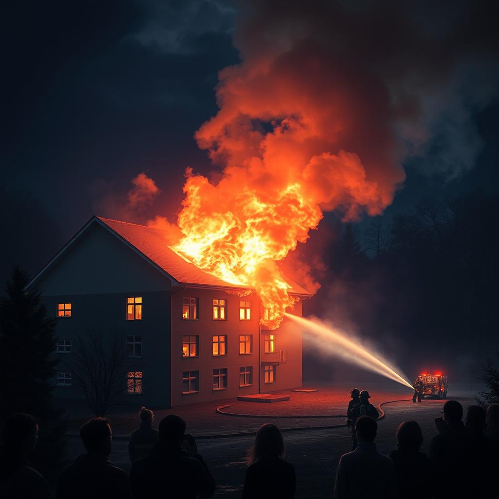 A dramatic night scene depicting a girls' dormitory engulfed in flames