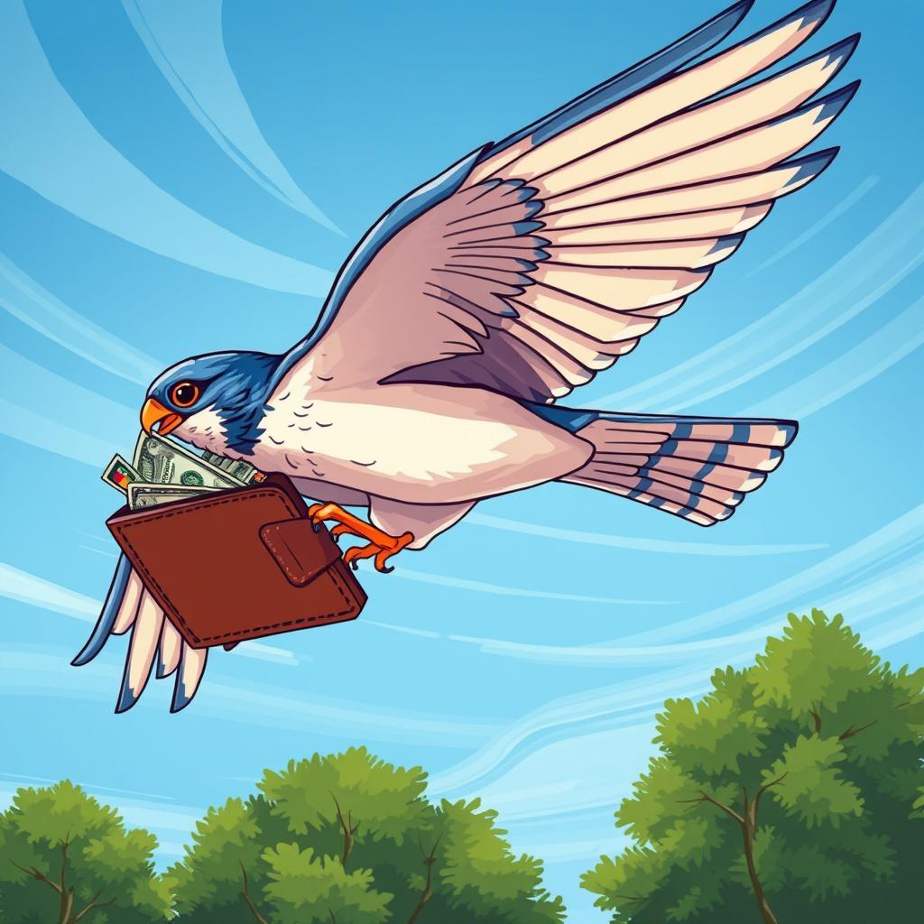 A vibrant and dynamic illustration of a blue falcon in mid-flight, gripping a wallet with its sharp talons