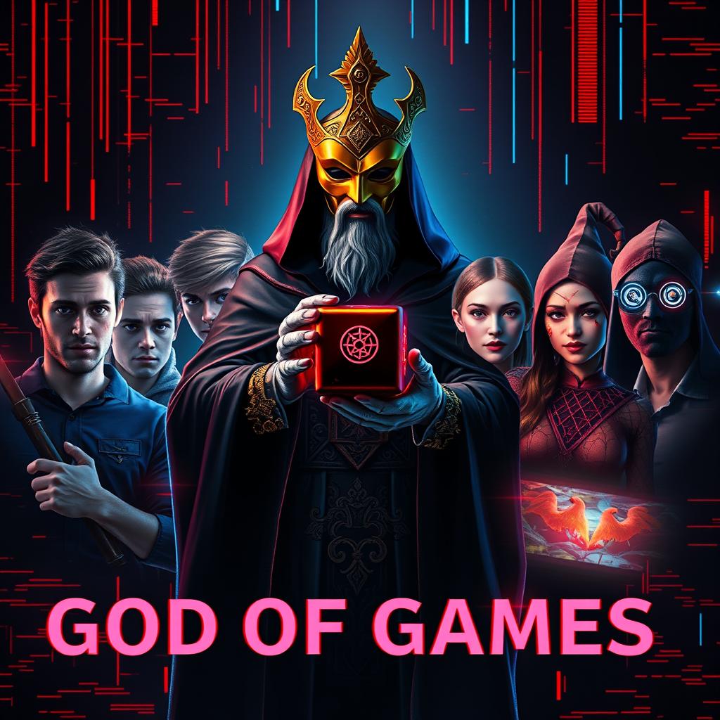 A realistic image featuring the God of Games at the center, wearing a golden mask and a black cloak, holding a die with mystical symbols