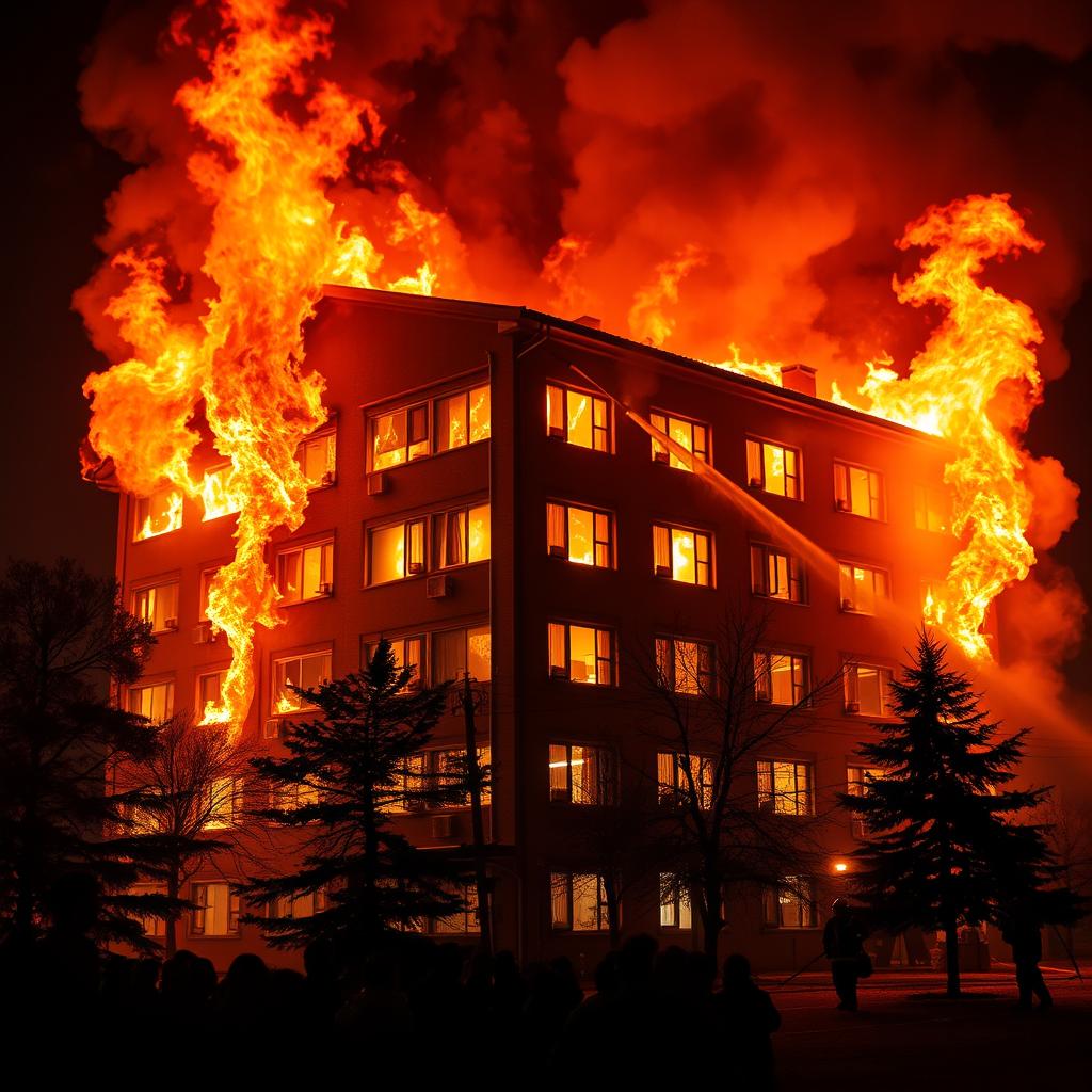 A dramatic scene depicting a school dormitory engulfed in flames at night