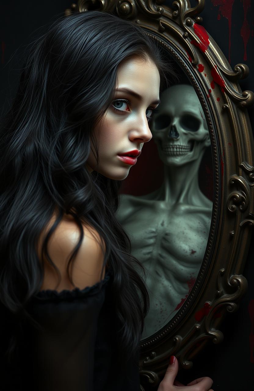 A woman in her early 20s with ethereal beauty, featuring long, wavy black hair and striking light grey eyes