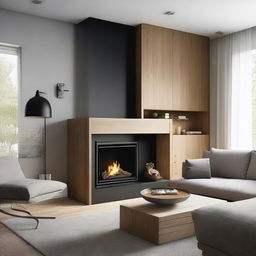 A modern living room featuring a warming fireplace and a small, integrated TV dresser with drawers.